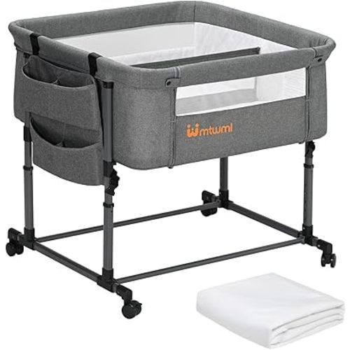 MTWML Twin Bassinet for 2 Babies,Portable Twins Crib with Storage Bag and Replaceable Mattress Cover,Adjustable Height Double Bedside Crib Attaches to Bed with Strap for 0-6 Months (Deep Grey)