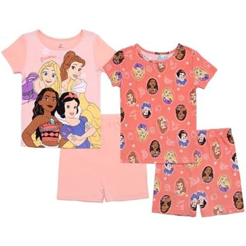 Disney Girls' 4-Piece Snug-fit Cotton Matching Pajama Set, Soft & Cute for Kids