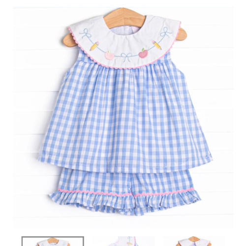 Back to School Banner Embroidered Ruffle Short Set, Blue – Stitchy Fish
