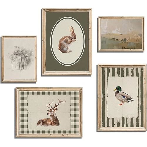 Vintage Nursery Wall Art Children Room Canvas Wall Decor Green Rabbit Duck Deer Posters Prints Farmhouse Animal Scenery Painting Pictures Neutral Artwork for Playroom Bedroom 8x10x5 Inch Unframed