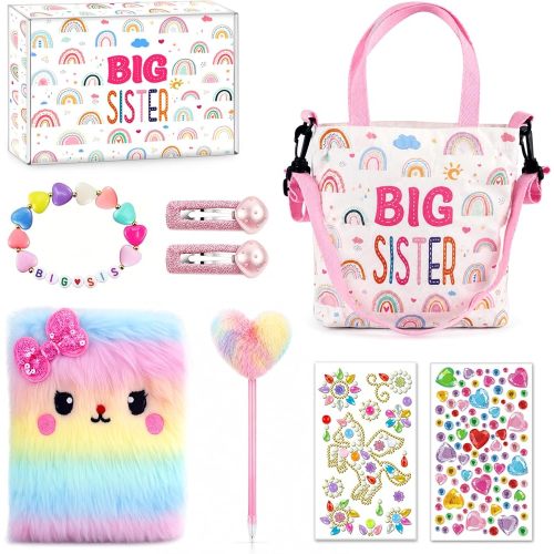 8 PCS Big Sister Gifts Set for Girls,Include Big Sister Rainbow Canvas Bag,Cute Plush Diary Note,Big Sister Bracelet,Heart Fluffy Pen,Hair Clip,2 Sheets Gem Stickers