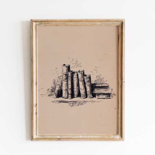 Floral Book Stack Sketch Print | Book Lover Gift | Cozy Reading Nook Poster| Library Decor | Vintage Book Decor | Rustic Book Stack