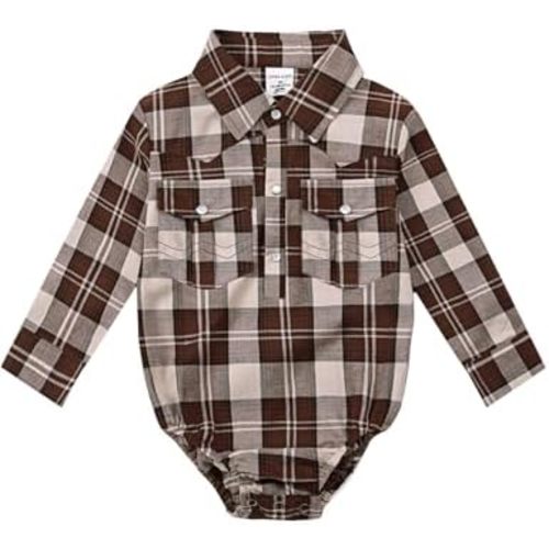 COSLAND Baby Boys' Western Cotton Plaid Bodysuit, Infant Cowboy Jumpsuit, 0-18 Months