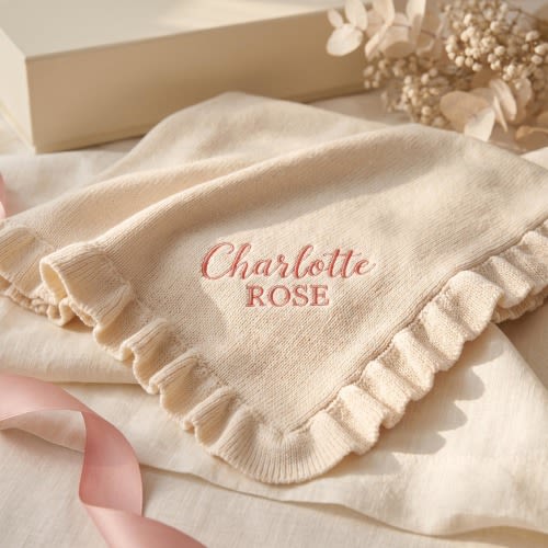 Personalized Baby Name Blanket, Monogrammed Ruffle Knit Baby Blanket, Newborn Girl Gift, Baby Shower Gift, Embroidered Baptism Keepsake