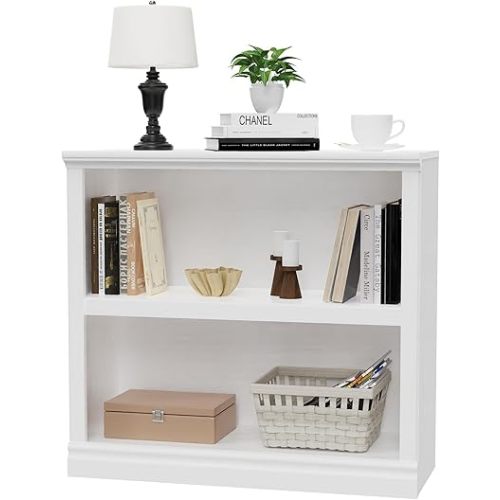 blini 2-Shelf White Bookcase Wooden Bookshelves 33in Wide Floor Standing Display Storage Shelves Oak Bookcase for Home Office, Living Room, Bed Room