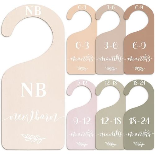 7Pcs Earth Tone Wood Baby Closet Size Dividers with Velvet Bag Newborn to 24 Month Thicken Infant Wardrobe Hanger Organizers for Home Nursery Party Favors Supplies
