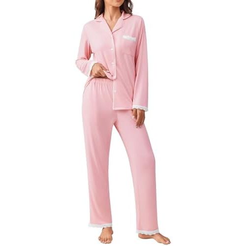 Ekouaer Womens Pajamas Set Long Sleeve Sleepwear Button Down Lounge Set 2 Pieces Soft Nightwear Lace Pjs Set