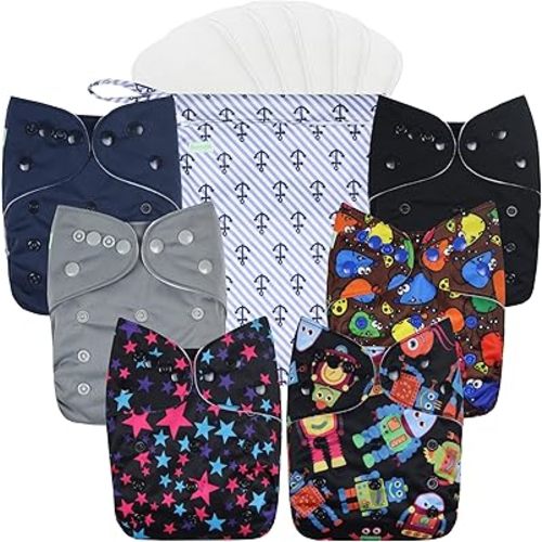 wegreeco Cloth Diapers 6 Pack with 6 Inserts, Washable Cloth Diapers for Babies, One Size Adjustable Reusable (with 1 Wet Bag,Boy Prints)