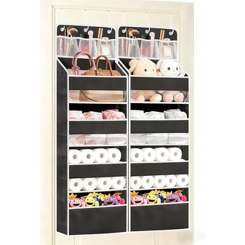 2 Pack Over the Door Storage Organizer - Space Saving Behind Door Hanging Organizer - Back Door Storage for Nursery/Pantry/Bathroom/Bedroom/Diaper/Toys, Black