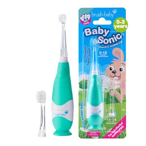 brush-baby BabySonic Infant and Toddler Electric Toothbrush for Ages 0-3 Years - Smart LED Timer and Gentle Vibration Provide a Fun Brushing Experience - Includes 2 Sensitive Brush Heads (Teal)