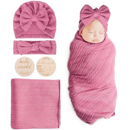 4PCS Newborn Accessories Set with Matching Hat and Bow Headband with Hello World Wooden Birth Announcement Card