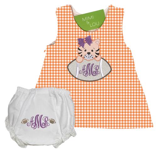 Personalized Baby Girl Embroidered Monogram Tiger Gingham Dress | Orange Gingham | Clemson Toddler Game Day Gift | Go Tigers