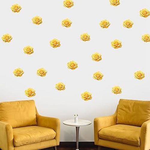 Watercolor Roses Wall Decals, 24 Large Easy Peel & Stick Roses Stickers, Premium Removable and Repositionable Floral Wall Art Fabric Stickers (Yellow)