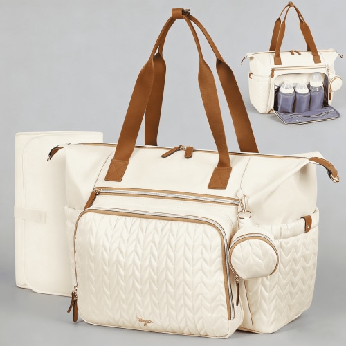 Lekebobor Large Diaper Bag Tote with Changing Pad & 16 Pockets, Quilted Waterproof Diaper Bag Travel Baby Bags for Mom and Dad, Beige