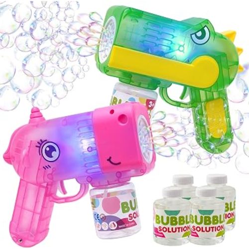 SYNCFUN 2 Bubble Guns with LED Light, 12 Holes Dinosaur & Unicorn Bubble Gun with 4 Bottle Refill Solution for Toddlers 1-3, Bubble Machine Gun for Kid Party Favor, Summer Toy, Outdoor, Birthday Gift