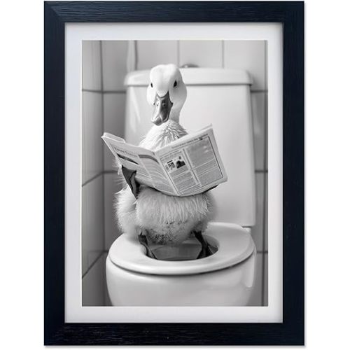 Framed Black and White Bathroom Wall Art Cute Duck on Toilet Wall Decor Funny Animal Bathroom Picture Print Painting for Wall