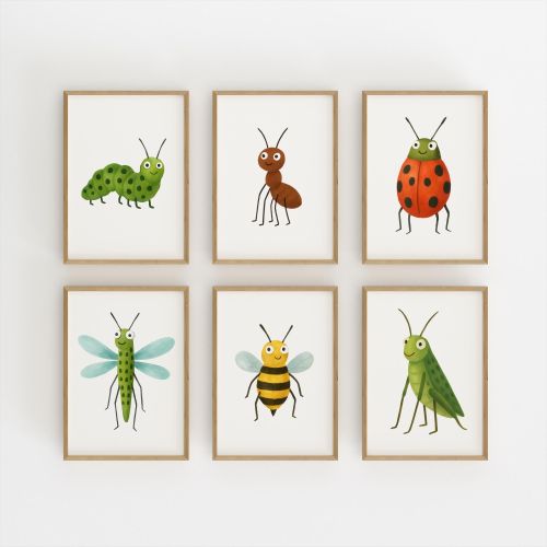 Cute Bug Wall Art Set of 6 – Caterpillar, Bee, Ladybug, Ant, Dragonfly & Grasshopper Prints for Kids Room, Nursery or Playroom Decor