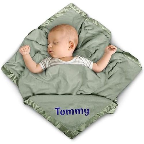 Personalized Baby Blanket with Name & Birth Date Receiving Blankets for Boys & Girls - 36"x36" Soft and Breathable Swaddle Blanket - Baby Shower or Newborn Gifts - Sage Green
