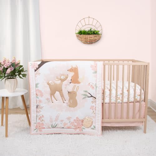 The Peanutshell 3 Piece Baby Crib Bedding Set for Girls - Newborn, Infant & Toddler Nursery Bed Set Decor with Fitted Crib Sheet, Dust Ruffle Comforter - Fairytale Forest