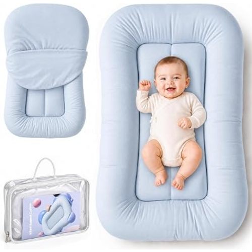 Infant Support Cushion - Organic Soft Cotton Baby Support Cushion for Newborn 0-24 Months, Breathable Portable Pad for Home and Travel, Washable Cover Included, Ideal Baby Essentials Gift, Light Blue