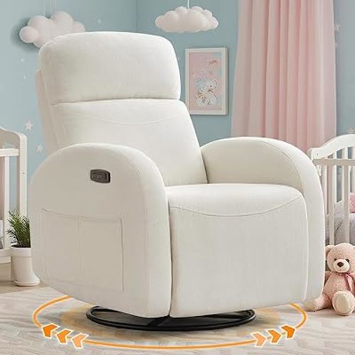 Swivel Rocker Recliner, Power Recliner Rocking Chairs for Nursery with USB & Type-C Port, Chenille Glider Nursery Reclining Rocking Chair with 2 Pockets for Living Room, Cream White