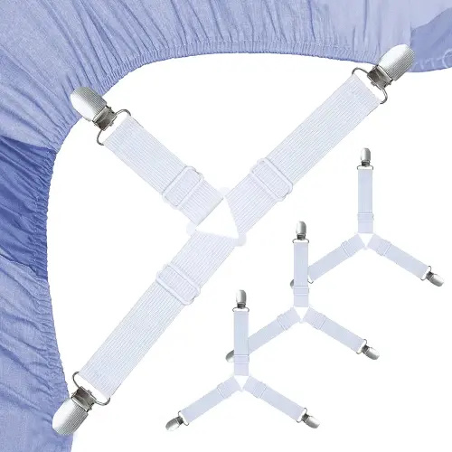 Bed Sheet Straps, Elastic Fitted Sheet Clips Keeping Sheets Place, Sheet Holders for Corners Keep Sheets Firm & Tight White 4 Pcs
