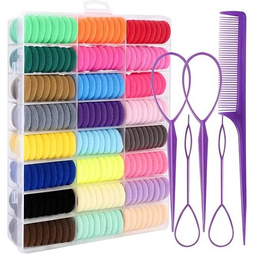 360 Pcs Baby Hair Ties, 24 Colors Cotton Toddler Hair Ties with Organizer Box, 1 Inch Seamless Baby Hair Bands for Toddler Girls, Soft Elastic Ponytail Holders with 5 Hair Loop Styling Tools