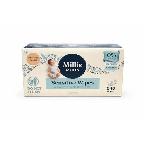 Millie Moon Sensitive Wipes, 648 Count, 0% Fragrance, 99% Natural Formula, Plastic-Free Cloth, Embossed