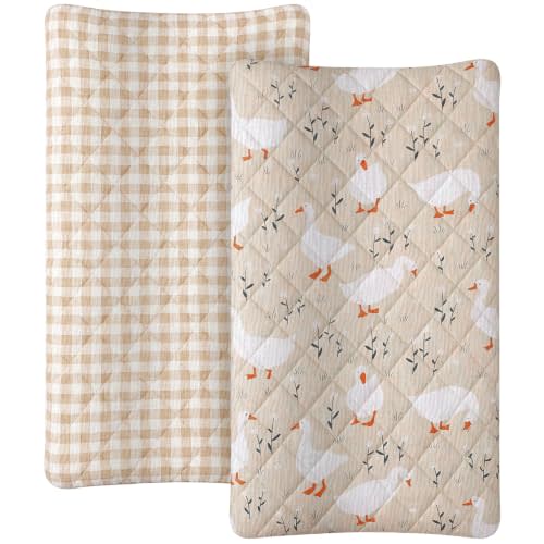 Frienda 2 Pack Beige Goose Changing Pad Covers Waterproof 32 x 16 Inch | Muslin Changing Pad Covers, Coquette Quilted Cotton Fitted Diaper Sheet, Breathable Extra Thick Sheets for Baby Boys Girls