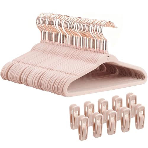Baby Velvet Hangers, Felt Toddler Hangers, 11", Pink, 50 Pack | Non-Slip Kids Hangers with 360° Rose Gold Swivel Hook, Ultra Thin 0.2", Space-Saving Stackable Design for Newborn's Closet