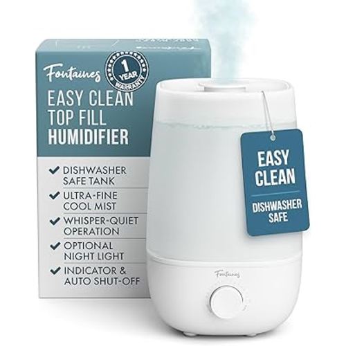 Fontaines Luxury Top-Fill Cool Mist Humidifier - 360° Ultra-Fine Spray, Whisper-Quiet Operation, Dishwasher-Safe Tank, Nightlight & Auto Shut-Off, Easy to Clean for Home, Bedroom, Baby Nursery