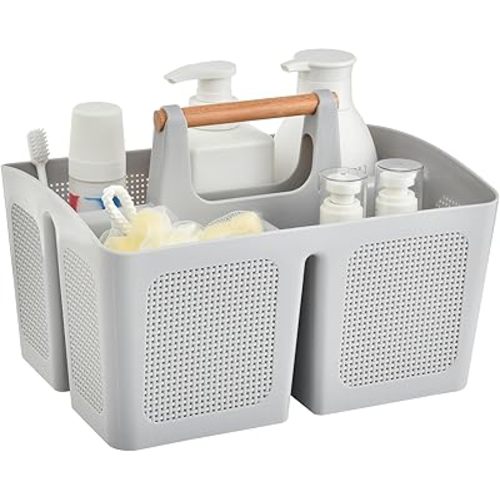 ALINK Portable Shower Caddy Basket with Compartments, Plastic Divided Cleaning Caddy Organizer Storage Tote with Handle for Bathroom, College, Dorm Room Essentials, Light Gray