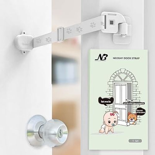 Child Proof Door Lock with Adjustable Door Strap and Latch. No Need for Interior Cat Door. Keep Toddler Out of Room with Litter Box While Let Cat in Easily