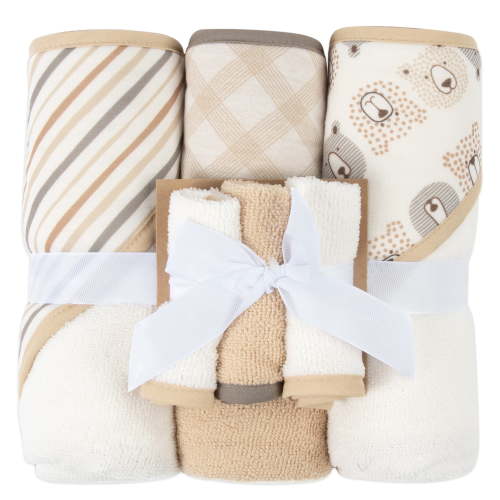 Baby Essentials Teddy Bears & Stripes 100% Polyester Towels & Washcloths, Peach, 6 Count