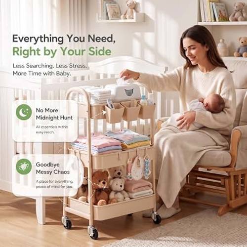 Amazon.com: Beige 3 Tier Rolling Cart Metal with Wheels,Tan Three Tiered Bedside Carts | Utility Storage Organizer Trolley on Wheels for Art, Craft, Diaper Caddy,Nursing,Postpartum,Baby Essentials,Bathroom Supplies