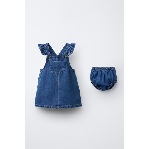 RUFFLE DENIM PINAFORE DRESS AND SHORTS - Mid-blue | ZARA United States