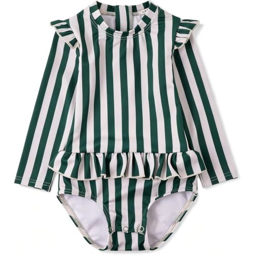 Baby One Piece Swimsuit with Snaps (Green Stripes, 6-9 mo)