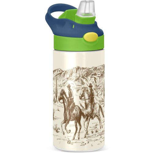 Boccsty Horse Cowboys Kids Water Bottle with Straw Lid American Wild West Desert Insulated Stainless Steel Reusable Tumbler for Boys Girls Toddlers 12 oz Green