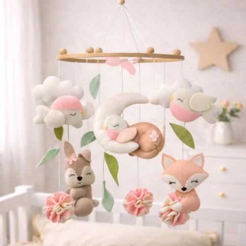 Woodland Baby Mobile – Handmade Felt Deer Nursery Mobile – Neutral Crib Decor