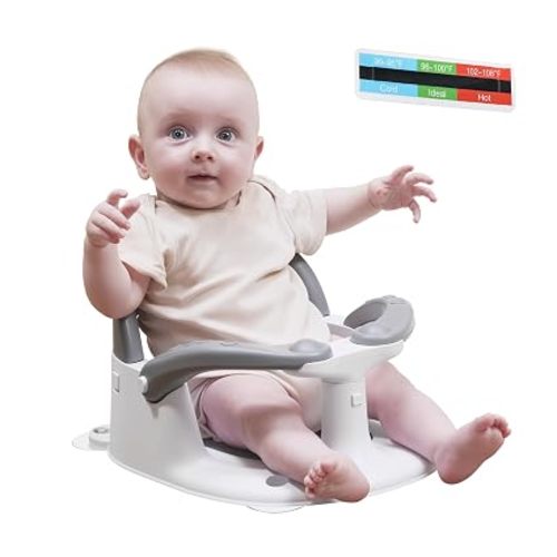 Baby Bath seat for Babies 6 Months & up, 360° Stable Toddler Bath Chair with one-Touch Button, Back Hollow Design, Water Temperature Card & 4 Suction Cups for Safety (Gray)
