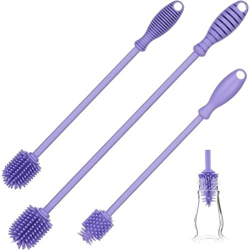 A-Brush Silicone Bottle Cleaner Brush, 3 Piece Set, Long Handle - Water Bottle Cleaner, Baby Bottle Nipple Brush for Plastic & Glass, BPA-Free Dish Washing Brush A2S Protection