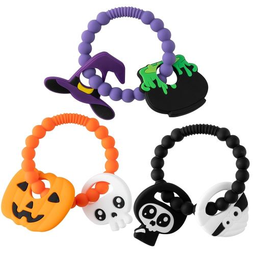 Silicone Teether Toys for Babies - 3Pcs Halloween Themed Teething Ring, Pumpkin Skull Baby Sensory Chew Toys with Rattles for Newborn Boy and Girl to Soothe Sore Gums, Baby Shower Birthday Gifts