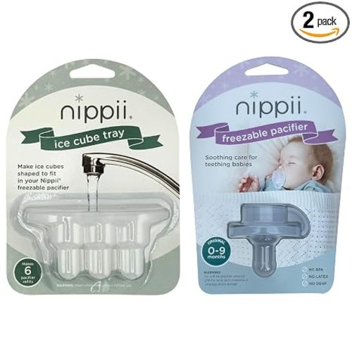 Nippii Freezable Pacifier & Ice Cube Tray, Baby Teether Toys 0-9 Months | Hands-Free, Medical-Grade Silicone, Water-Fillable, Cold. Includes Ice Cube Tray. Made in USA, CPSC Compliant, BPA Free