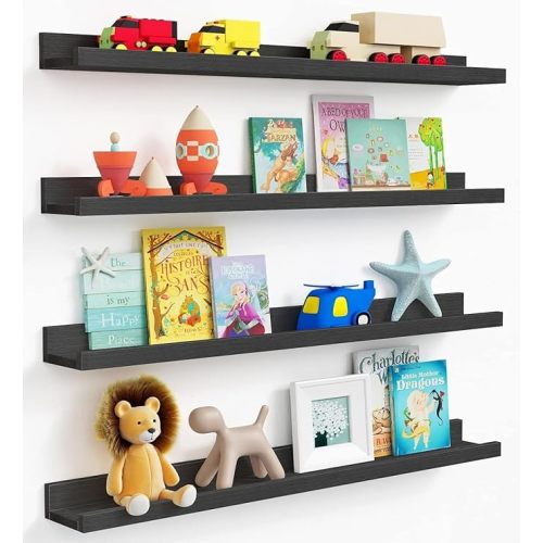 Forbena 36 Inch Photo Picture Ledge Shelf Set of 4, Black Floating Shelves with Lip for Wall, Narrow Long Wood Wall Shelf for Living Room Bedroom Office Classroom Library Books Album Frames Art Decor