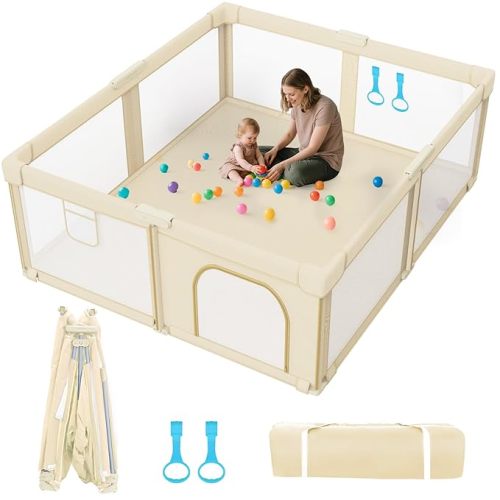 Foldable Baby Playpen: 79” x 71” Super Large Playpen for Babies and Toddlers - Portable Play Pen for Babies with Breathable Mesh & 2 Pulling Handle - Baby Play Yard for Outdoor & Indoor