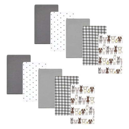 Hudson Baby Cotton Flannel Burp Cloths, Farm Friends Grey 10-Pack, One Size