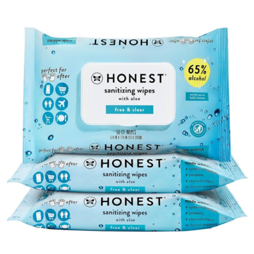 The Honest Company Fragrance-Free Sanitizing Alcohol Wipes Antibacterial Hand with Aloe Kills 99% of Germs Safe for Hands 150 Count (3 Packs 50)