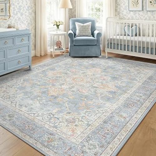 5x7 Washable Nursery Girls Low Pile Area Rug Lightblue Beige
