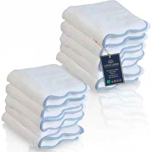 Lotus Linen Scallop Piping Washcloths Towel Set of 10 – 100% Zero Twist Cotton, Ultra Soft & Absorbent Face Cloths, Durable Small Towels for Bathroom (Dispenza Blue Piping, Wash Cloth (Pack of 10))