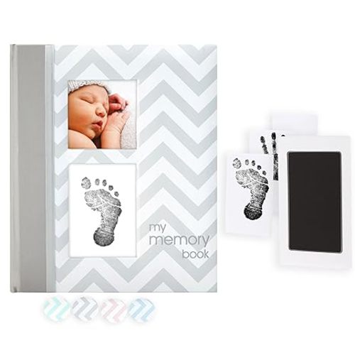 Pearhead First 5 Years Baby Memory Book with Clean-Touch Ink Pad, Gender-Neutral Chevron Keepsake Journal for Pregnancy Milestones, Handprint & Footprint, Gray